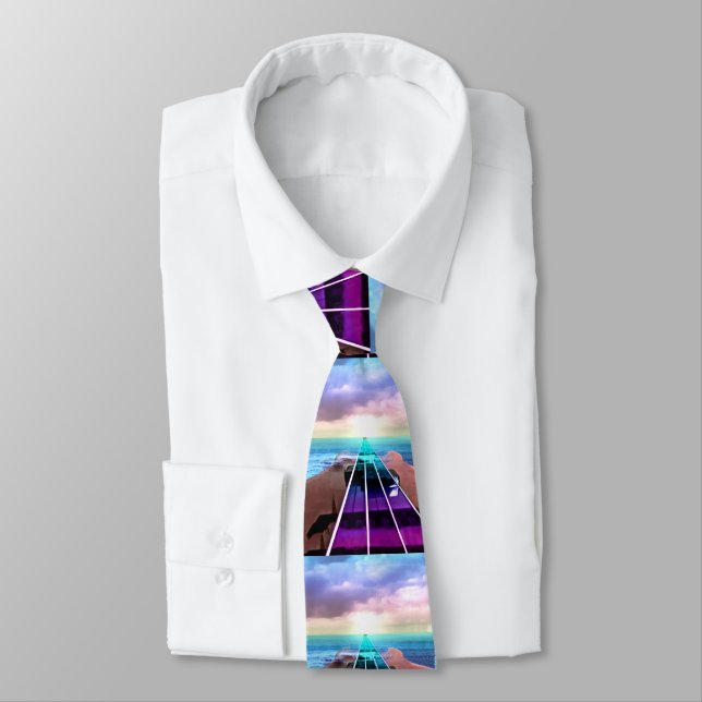 Ocean Sunset Bass Guitar Neck Too Music Tie (Tied)