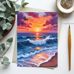 Ocean Sunset Beach Waves Watercolor Card