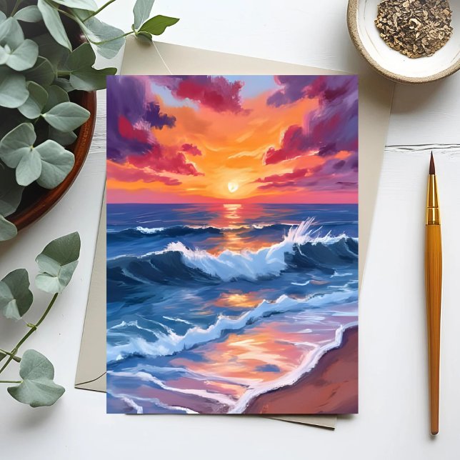 Ocean Sunset Beach Waves Watercolor Card (Creator Uploaded)