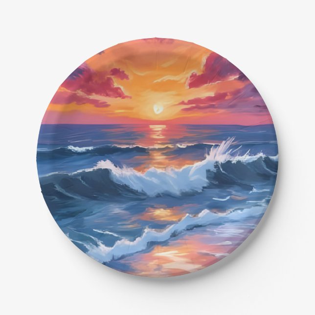 Ocean Sunset Beach Waves Watercolor Card Paper Plate (Front)