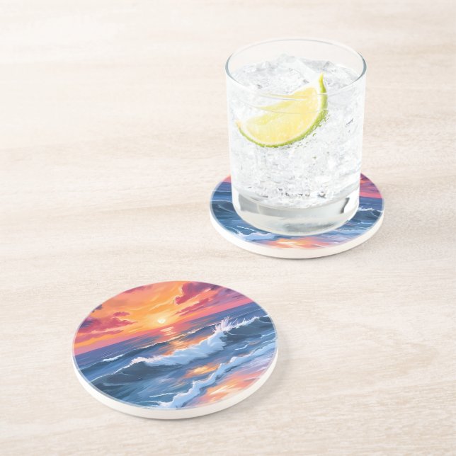 Ocean Sunset Beach Waves Watercolor Coaster (Side)