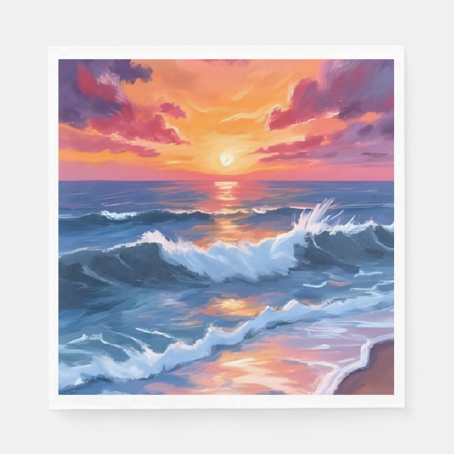 Ocean Sunset Beach Waves Watercolor Napkin (Front)