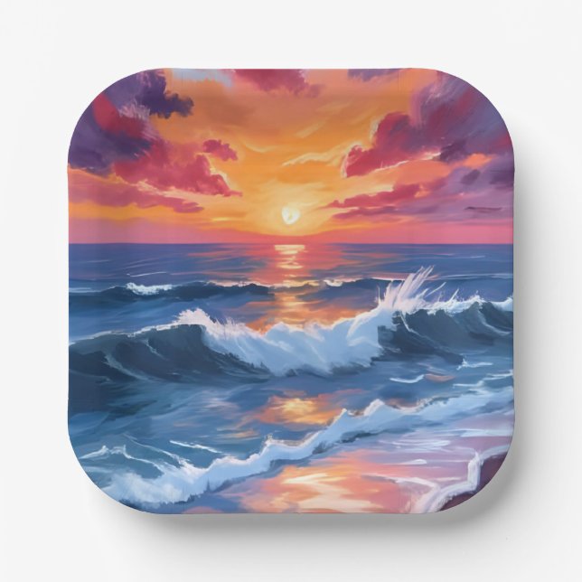 Ocean Sunset Beach Waves Watercolor Paper Plate (Front)