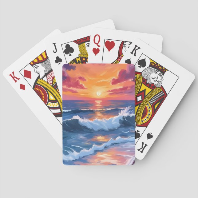 Ocean Sunset Beach Waves Watercolor Playing Cards (Back)