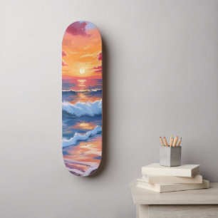 Ocean Sunset Beach Waves Watercolor Skateboard