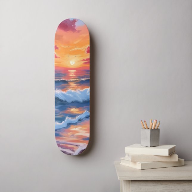Ocean Sunset Beach Waves Watercolor Skateboard (Wall Art)