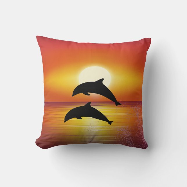 Ocean Sunset Dolphins Couple Playing Love Cushion (Front)