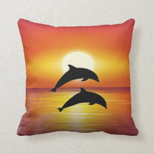 Ocean Sunset Dolphins Couple Playing Love Cushion
