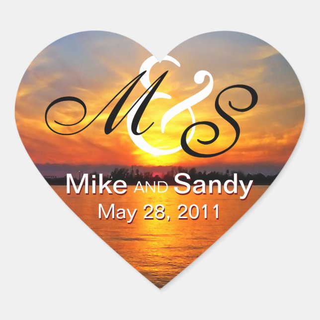 Ocean Sunset Monogram Destination Wedding Heart Sticker (Front)