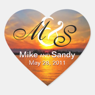 Ocean Sunset Monogram Destination Wedding Heart Sticker