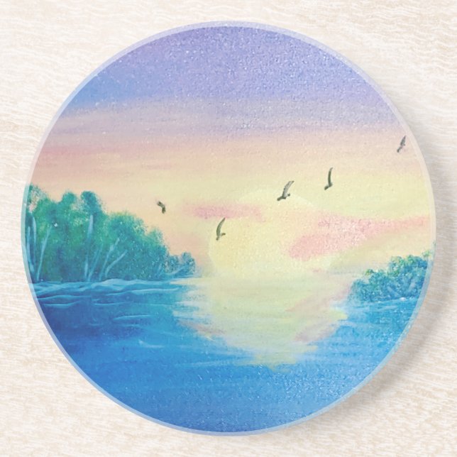 Ocean Sunset Original Oil Painting on a Coaster  (Front)