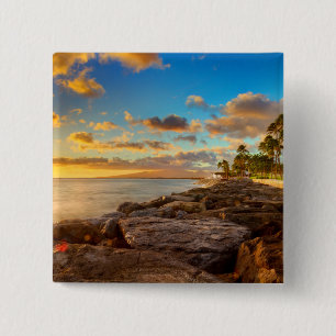 Ocean Sunset Over Rocks And Palm O'Ahu 15 Cm Square Badge