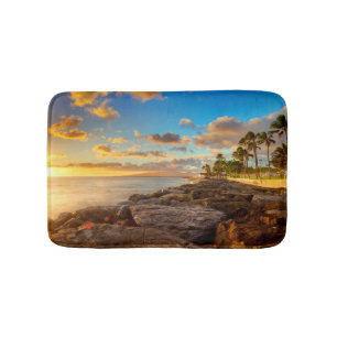 Ocean Sunset Over Rocks And Palm O'Ahu Bath Mat