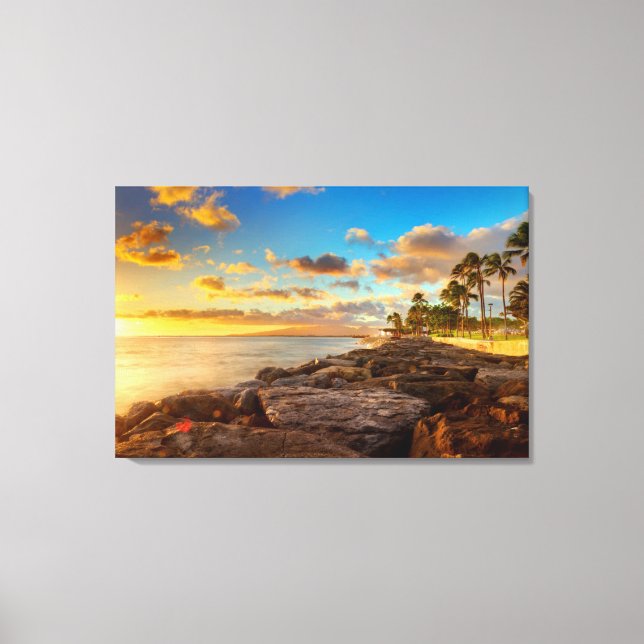 Ocean Sunset Over Rocks And Palm | O'Ahu Canvas Print (Front)