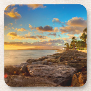 Ocean Sunset Over Rocks And Palm   O'Ahu Coaster