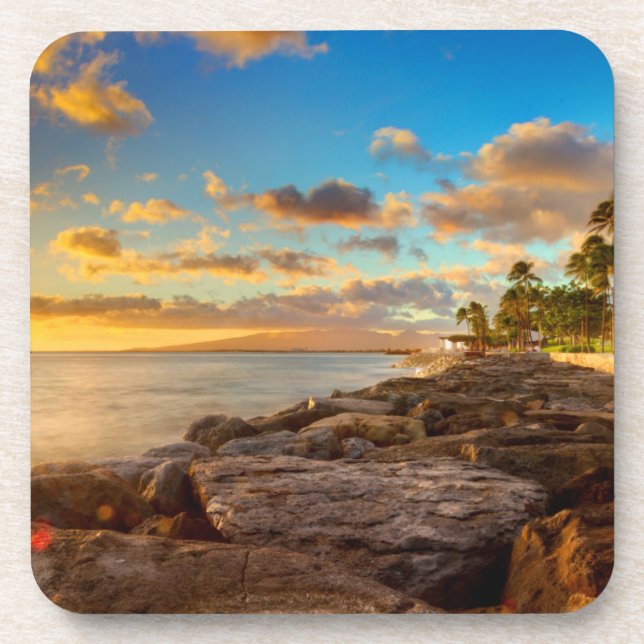 Ocean Sunset Over Rocks And Palm | O'Ahu Coaster (Front)