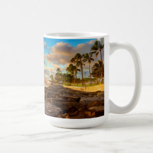 Ocean Sunset Over Rocks And Palm O'Ahu Coffee Mug