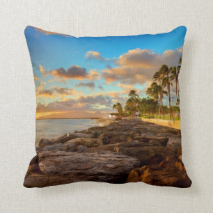 Ocean Sunset Over Rocks And Palm O'Ahu Cushion