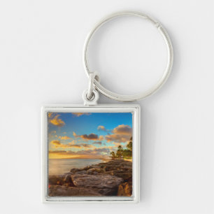 Ocean Sunset Over Rocks And Palm O'Ahu Key Ring