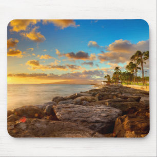 Ocean Sunset Over Rocks And Palm O'Ahu Mouse Mat
