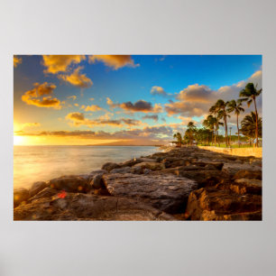 Ocean Sunset Over Rocks And Palm O'Ahu Poster
