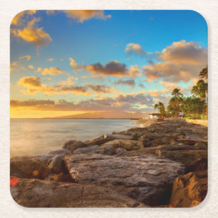 Ocean Sunset Over Rocks And Palm   O'Ahu Square Paper Coaster