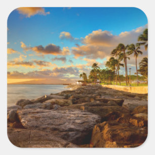 Ocean Sunset Over Rocks And Palm   O'Ahu Square Sticker