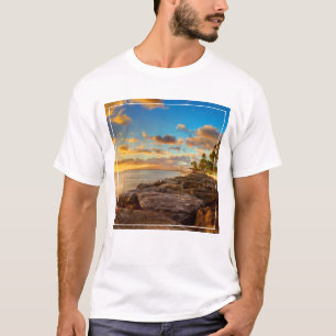 Ocean Sunset Over Rocks And Palm   O'Ahu T-Shirt