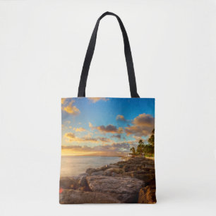 Ocean Sunset Over Rocks And Palm O'Ahu Tote Bag