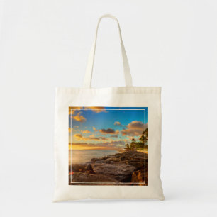 Ocean Sunset Over Rocks And Palm O'Ahu Tote Bag