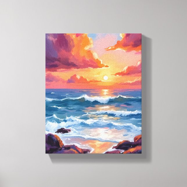 Ocean Sunset Pastel Watercolor Beach Painting Canvas Print (Front)