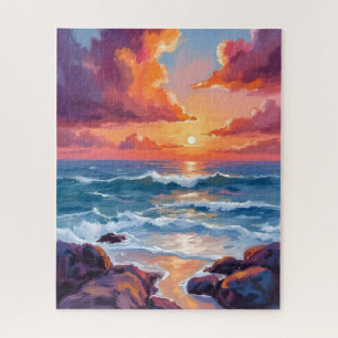 Ocean Sunset Pastel Watercolor Beach Painting Jigsaw Puzzle