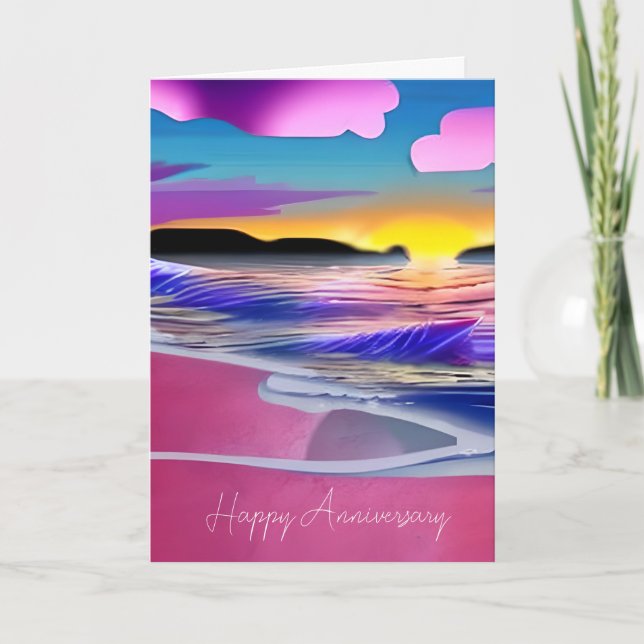 Ocean Sunset, Pink Sand, Happy Anniversary  Card (Front)