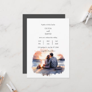 Ocean Sunset Romantic Couple Scenery Beach Wedding Invitation