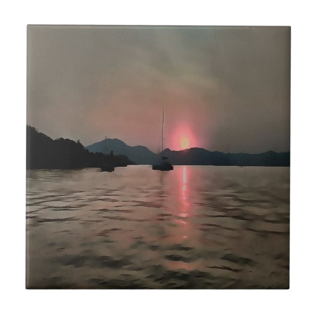Ocean Sunset Sailboat Sunset Bozburun Marmaris Tile (Front)