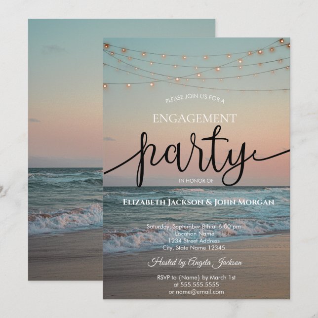 Ocean Sunset,String Lights Script Engagement   Invitation (Front/Back)