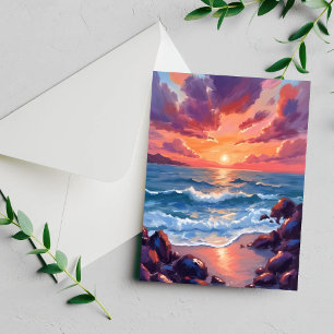 Ocean Sunset Watercolor Beach Coastal Card