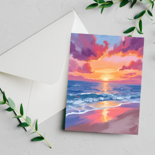Ocean Sunset Watercolor Waves Sea Painting Card