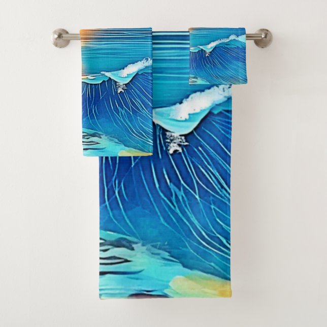 Ocean Sunset Wave Art Bath Towel Set (Insitu)