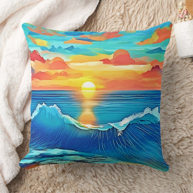 Ocean Sunset Wave Art Cushion (Blanket)