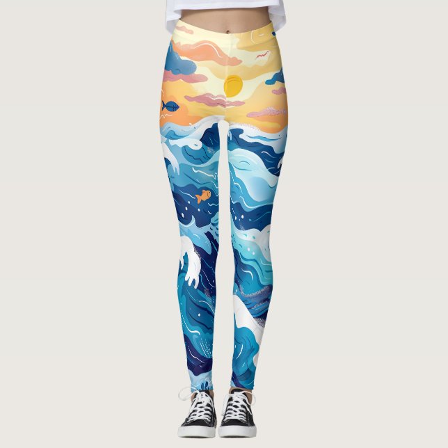 Ocean Sunset Wave Print Leggings (Front)
