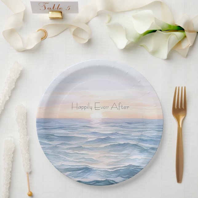 Ocean Sunset Wedding Happily Ever After Paper Plate (Wedding)