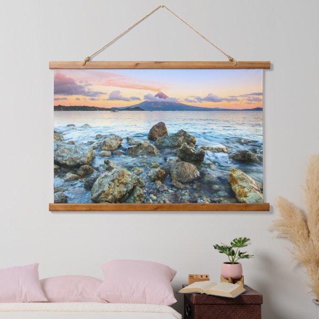 Ocean Sunset With Gentle Waves & Volcano Hanging Tapestry (Bedroom)