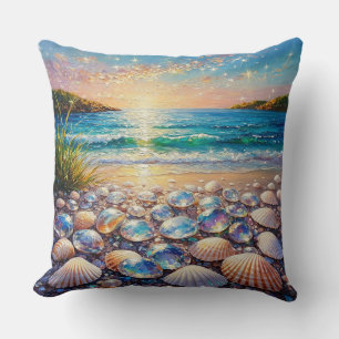 Ocean Sunset with Seashells and Jewels Reflecting Cushion