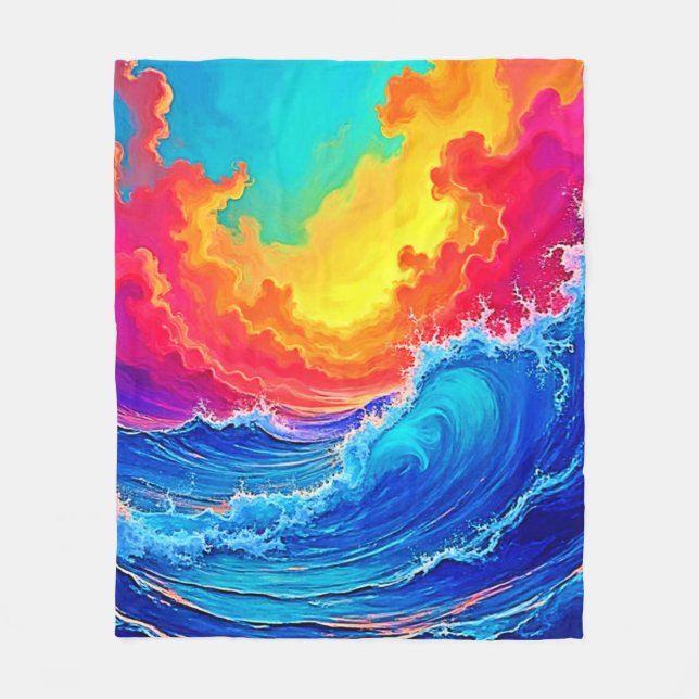 Ocean Surge: Radiant Sunset Wave Fleece Blanket (Front)