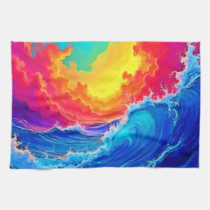 Ocean Surge: Radiant Sunset Wave Tea Towel