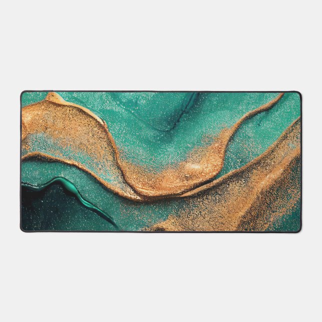 Ocean Teal and Bronze Abstract Art Desk Mat (Front)