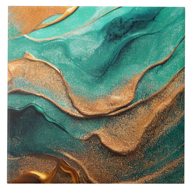 Ocean Teal and Bronze Abstract Art Tile (Front)