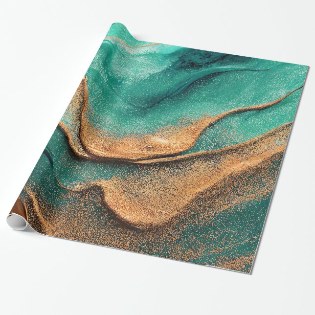 Ocean Teal and Bronze Abstract Art Wrapping Paper (Unrolled)
