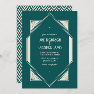 Ocean Teal & Pale Sand Art Deco Wedding Photo Invitation